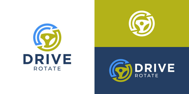 Creative simple drive rotate logo template. Steering wheel with arrow rotation symbol logo design vector illustration.