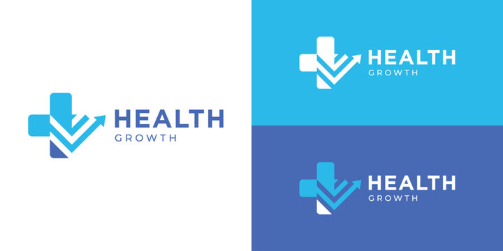 Creative simple health growth logo template. Abstract cross plus with arrow up symbol logo design vector illustration.