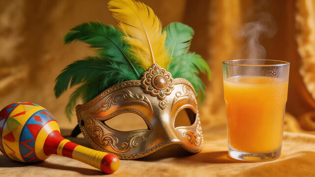 Carnival mask with maraca and orange drink emphasizing fresh ingredients and culinary craftsmanship