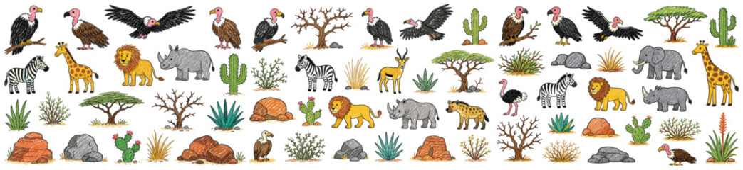 Obraz premium Large collection of hand-drawn African safari animals and desert plants in a playful doodle style