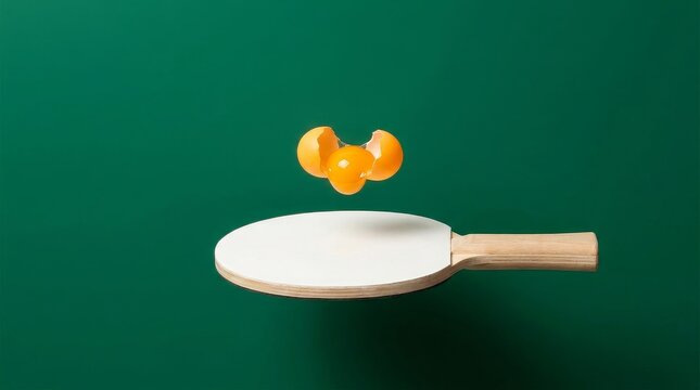 Cracked egg yolk floating above white ping pong paddle against green background.