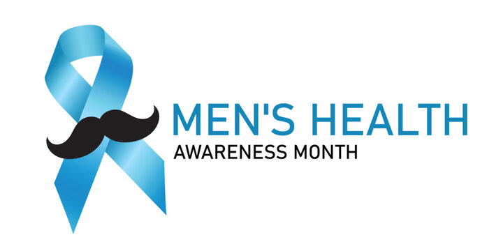 Men's Health Awareness Month. Professional banner for Men's Health Awareness Month light blue ribbon and black mustache icon. Symbolic design promotes prostate cancer awareness and men's wellness