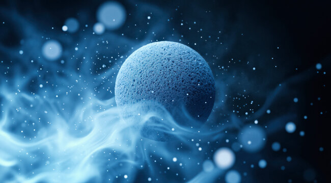 Blue porous sphere with glowing particles for quantum physics scientific research banner