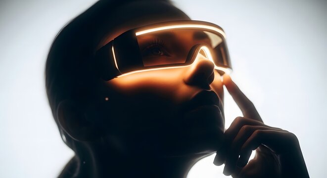 Woman wearing glowing orange futuristic visor glasses. Concept of augmented reality and digital innovation. Close-up of a female face touching the edge of high-tech smart eyewear