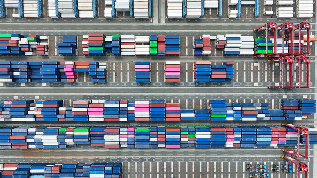 Drone aerial view of a container yard from directly above.
