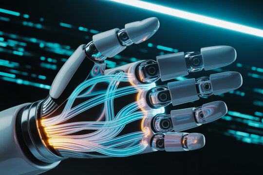 Robotic hand with glowing blue circuits and wires extended forward in digital environment