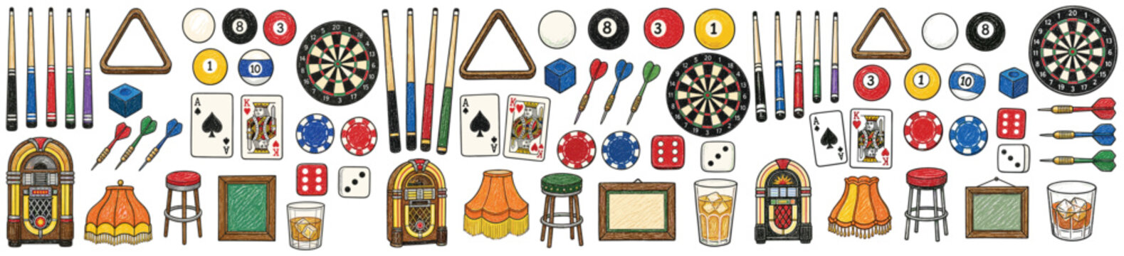 Collection of hand-drawn vintage bar and game room items, including pool cues, billiard balls, darts, playing cards, and a jukebox, arranged