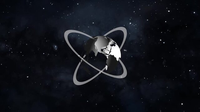 Abstract globe logo with orbit rings in outer space star field background, futuristic science and technology concept, dark blue tones, copy space.