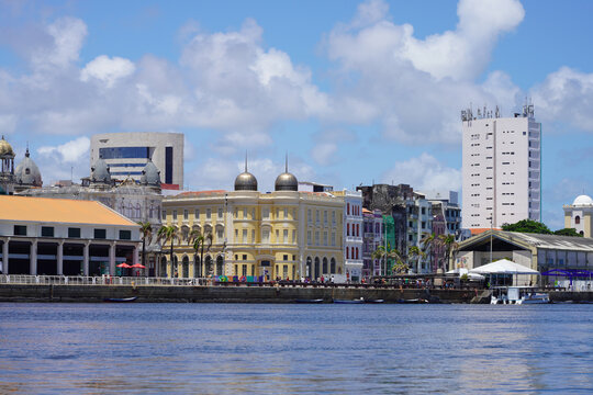 Recife Waterfront Skyline and Historic Architecture at Marco Zero, Pernambuco, Brazil