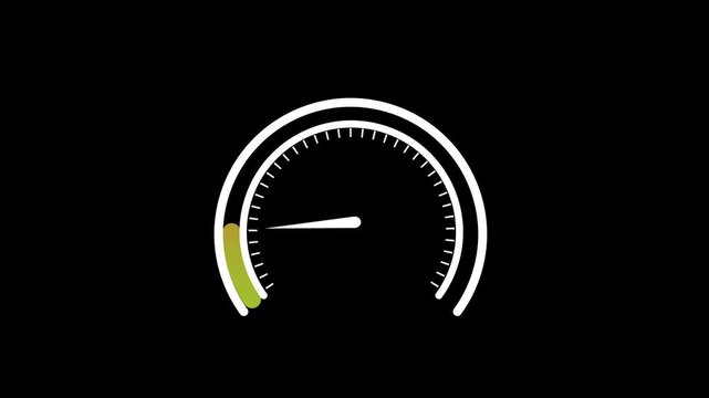 Minimal speedometer or gauge icon on black background with white tick marks and needle, green low-level segment, abstract performance or loading concept.