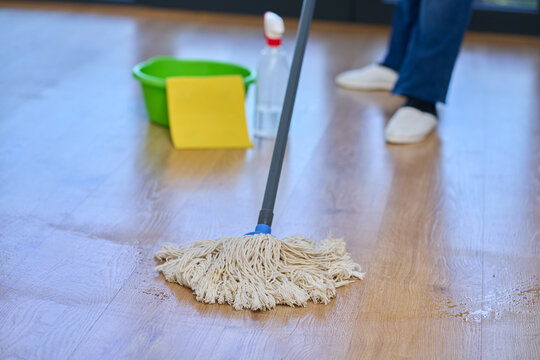 Woman, mop or cleaning floor with bucket for hygiene, disinfection or housekeeping at home. Female person, cleaner or maid with equipment or washing supplies for bacteria or germ removal.