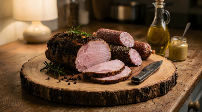 Rustic wooden platter featuring smoked ham roast served with artisanal cured sausages rosemary sprigs and mustard ready for gourmet holiday celebration gathering dining kitchen table setting.