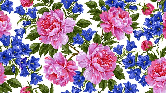 Garden flowers like pink peonies and blue bellflowers with green leaves are arranged in a repeating pattern on a white background, perfect for romantic wedding designs.