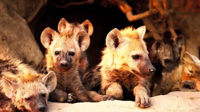 Group of young hyena cubs resting together at their den in the savanna