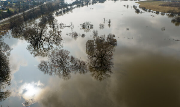 Aerial view of flooded river plains with submerged trees and sky reflections on the water surface in Kedainiai, Kaunas County, Lithuania.