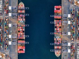 High aerial overhead view of a large container cargo ship terminal with two super cargo ships docked and unloading activity © moofushi