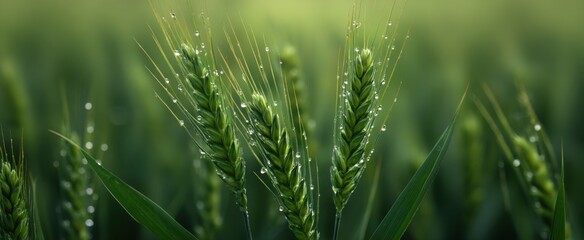 Obraz premium Dew-covered wheat stalks glisten in morning light against a lush agricultural field backdrop.