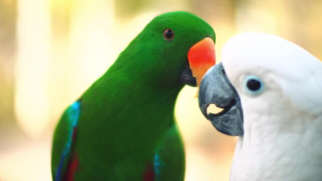 Close-up of a green eclectus parrot and a white cockatoo interacting