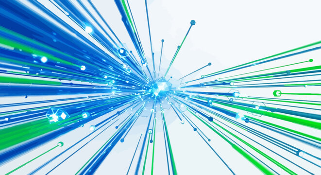 Abstract blue and green light streaks explosion.