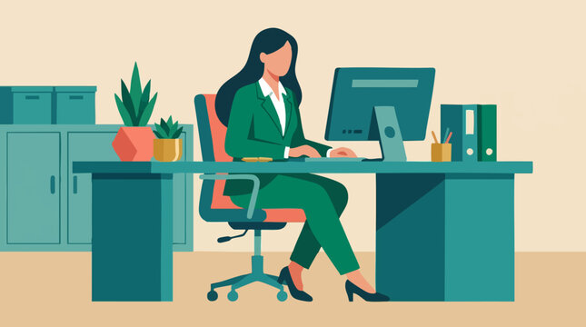 Businesswoman working on computer in modern office illustration