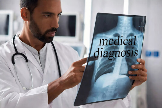 A doctor is examining an X-ray on a tablet in a clinical setting.