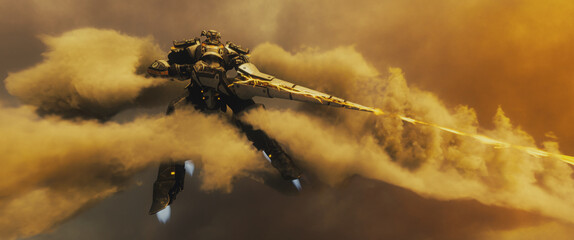 Epic 3d render of sci-fi knight mecha flying on turbine jet flames in sunset clouds. Giant robotic mech warrior firing a futuristic energy lance. Cinematic action shot with powerful laser beam in sky. © roman3d