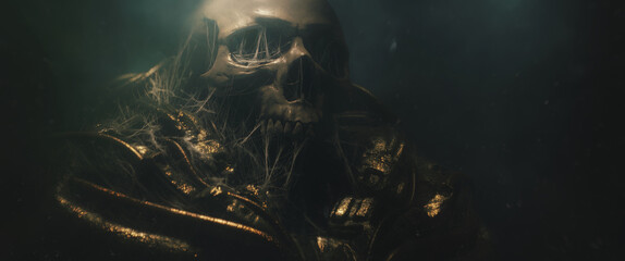 Obraz premium Cinematic 3d render of a human skull in golden sci-fi grunge armor covered in spider webs. Volumetric lighting, mist and dust. Ancient alien civilization artifact in dark fantasy gloomy atmosphere.