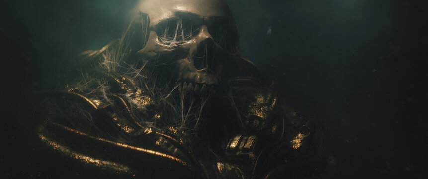 Cinematic 3d render of a human skull in golden sci-fi grunge armor covered in spider webs. Volumetric lighting, mist and dust. Ancient alien civilization artifact in dark fantasy gloomy atmosphere.