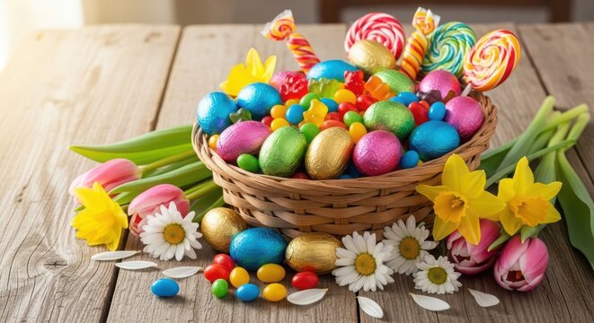 Wicker easter basket filled with colorful chocolate eggs and candy lollipops on rustic wooden table surface.