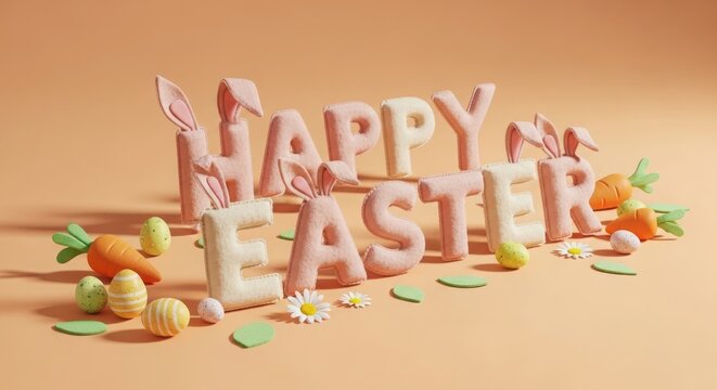 Happy easter words made of soft pink plush fabric with bunny ears and carrots on warm orange background scene.