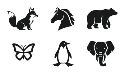 6 Wild Animal Silhouette Icons Fox Horse Bear Butterfly Penguin Elephant, Solid Black Style, Nature Set © pixostudio
