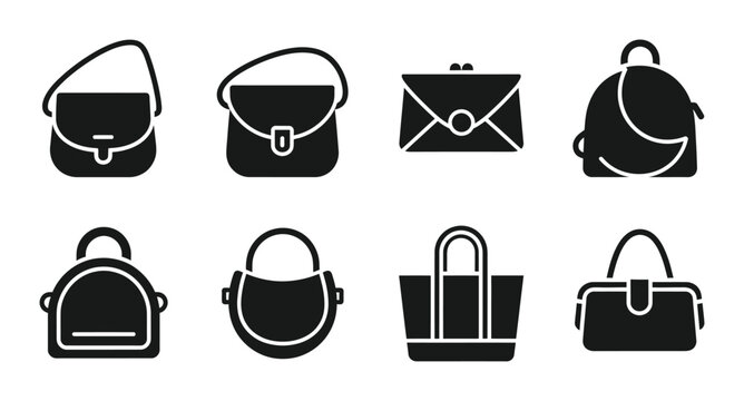 8 Handbag Silhouette Icons Purse Backpack Tote Clutch, Solid Black Style, Fashion Accessories Set