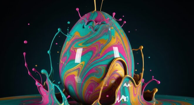 Single easter egg covered in swirling liquid paint splash of cyan pink and gold isolated on dark black backdrop.