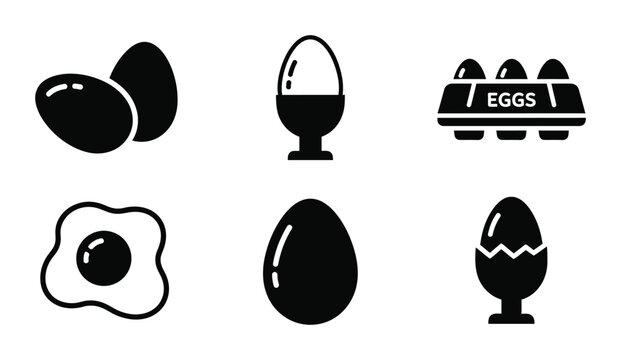 6 Chicken Egg silhouette icons carton fried boiled cup, solid black style, food breakfast kitchen
