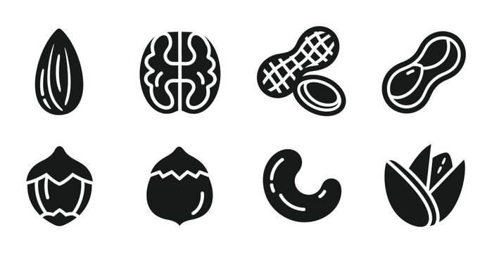 8 Nut silhouette icons walnut peanut almond hazelnut cashew pistachio, solid black style, food snack set