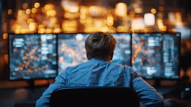 Male professional monitoring data on multiple screens in a dark office at night with city lights background