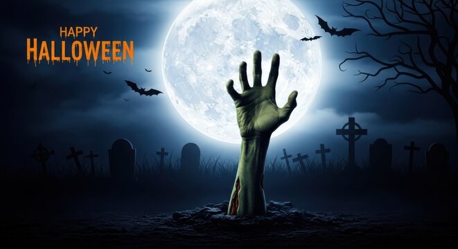 Zombie hand rising from the grave in a spooky cemetery under a full moon at night