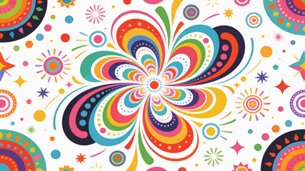 Vibrant abstract pattern with a central colorful floral burst and surrounding festive decorative elements, featuring a cheerful and energetic design. © megulung