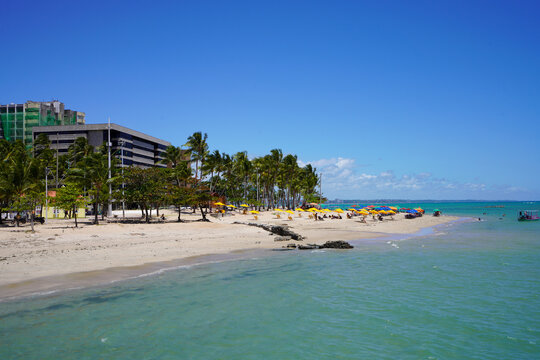 Tropical Ponta Verde Beach with Turquoise Sea and Palm Trees in Maceio, Brazil