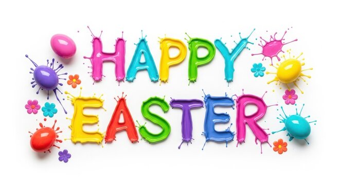 Colorful paint splashes forming words happy easter on white background with vibrant eggs and small spring flowers.