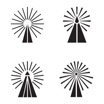 Four different black and white sunburst logo designs with geometric shapes and lines radiating from a central point