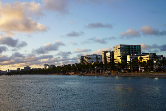 Golden hour sunset over Ponta Verde beach skyline in Maceio, Brazil