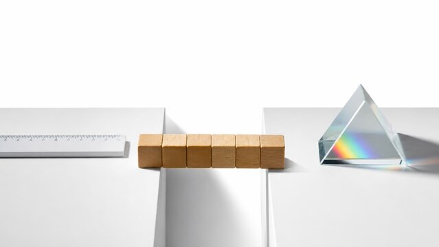 Wooden cubes forming bridge between ruler and glass prism for objective and subjective perspective concept