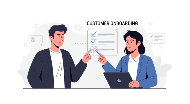 Customer onboarding process illustration with checklist and digital tablet
