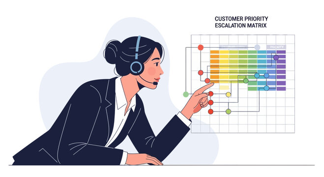 Customer service agent analyzing priority escalation matrix at desk with headset