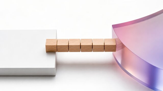Wooden cubes forming bridge between geometric platform and translucent acrylic shape for objective subjective perspective concept