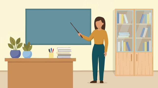 Female teacher pointing at blackboard in a classroom with desk and bookshelf