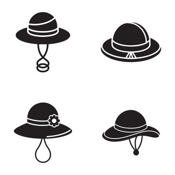 Four different types of hats with chin straps and various decorative elements  isolated on white background