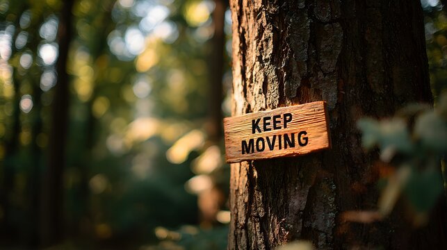 Keep moving motivational sign attached to tree in forest.