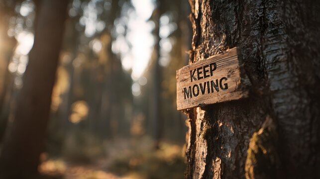 Keep moving sign attached to tree trunk in forest.